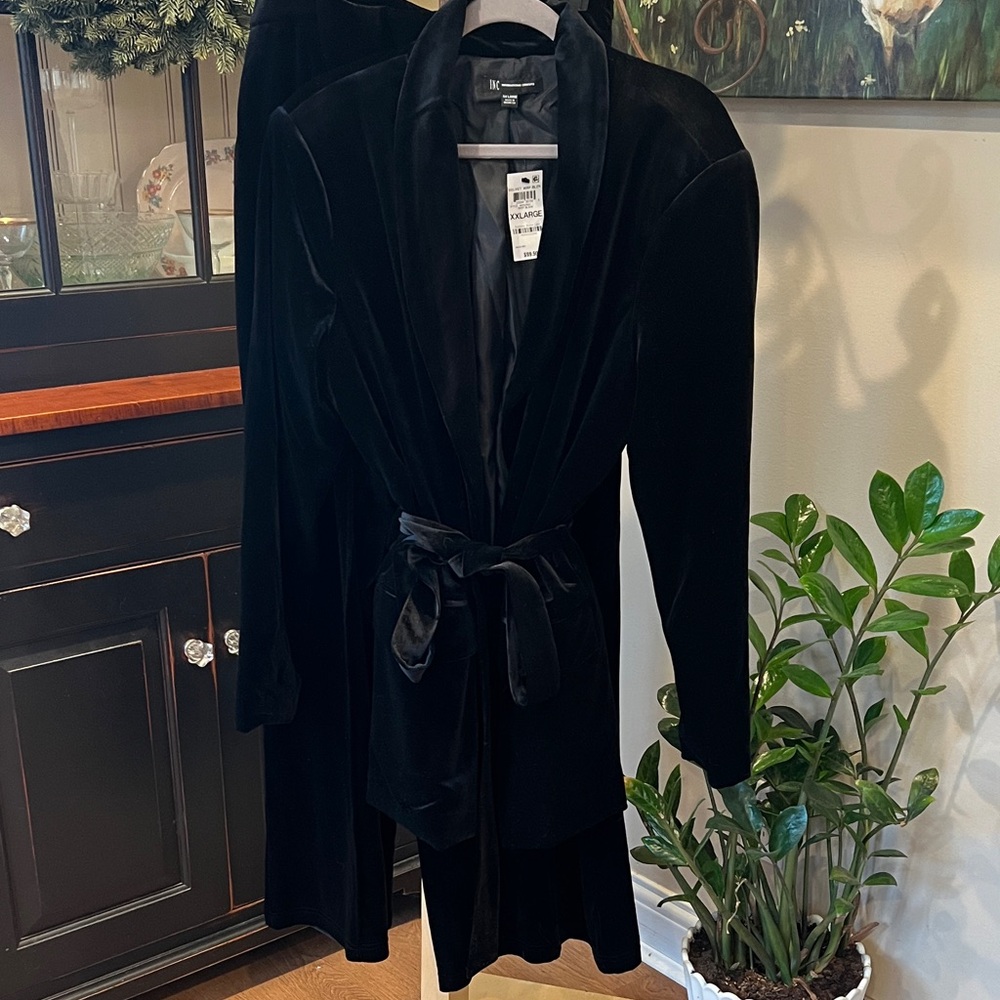New INC black velvet wrap blazer and wide leg pants from Macys